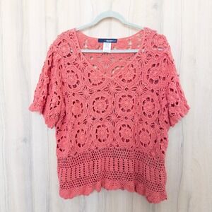 VTG Womens Crochet Top Size 1X Coral Short Sleeve Boho Beach Retro Summer Casual